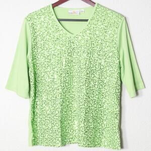 Quacker Factory Sequin Top Lime Green Size XL Playful Statement Tee